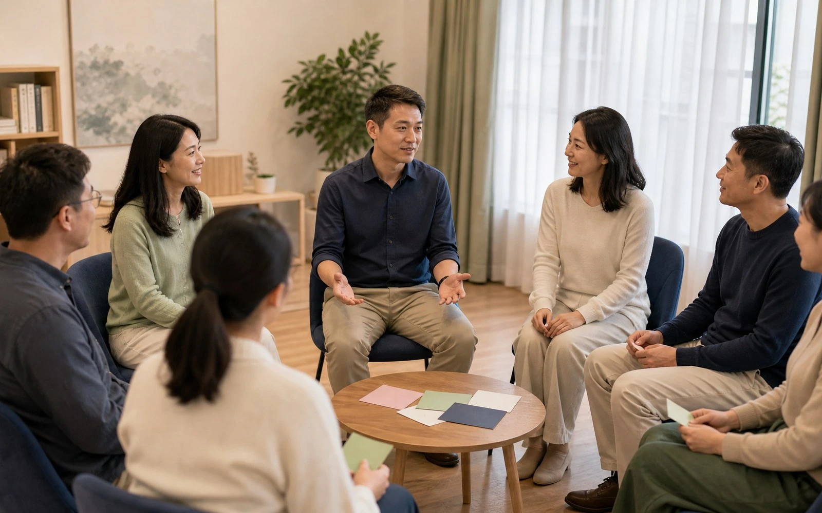 心理团辅带领者引导成年人参与结构化团体活动