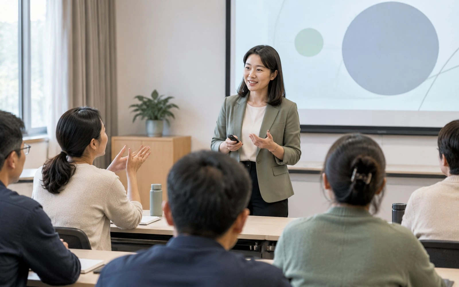 心理讲师在家长与教师课堂中讲解并回应学员提问